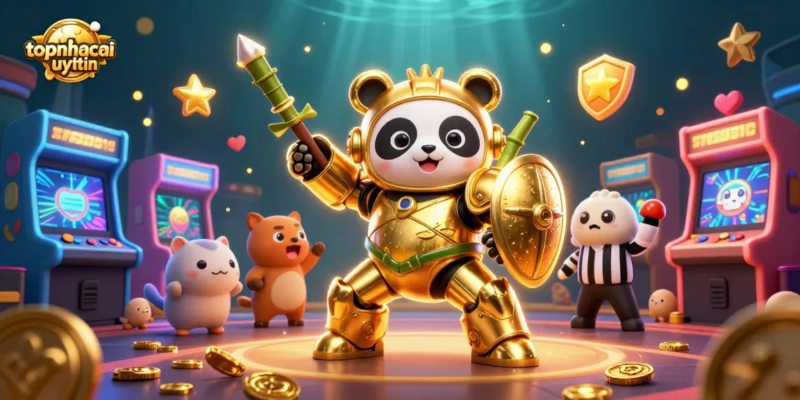 topnhacaiuytin showcases vibrant 3D casino action with a mech-suit panda in a bustling gaming arena