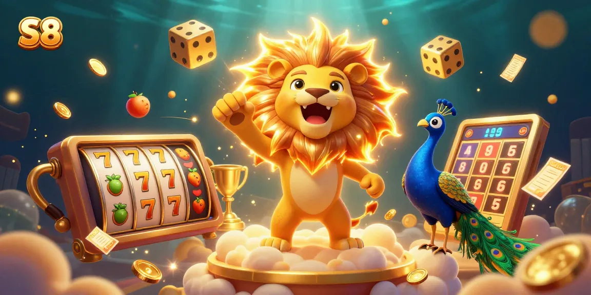 S8 casino experience with vibrant 3D lion roaring amidst jackpot reels and flying gold coins.