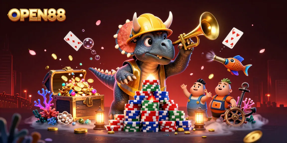 Experience the excitement at OPEN88 with a vibrant 3D illustration showcasing thrilling online casino action.