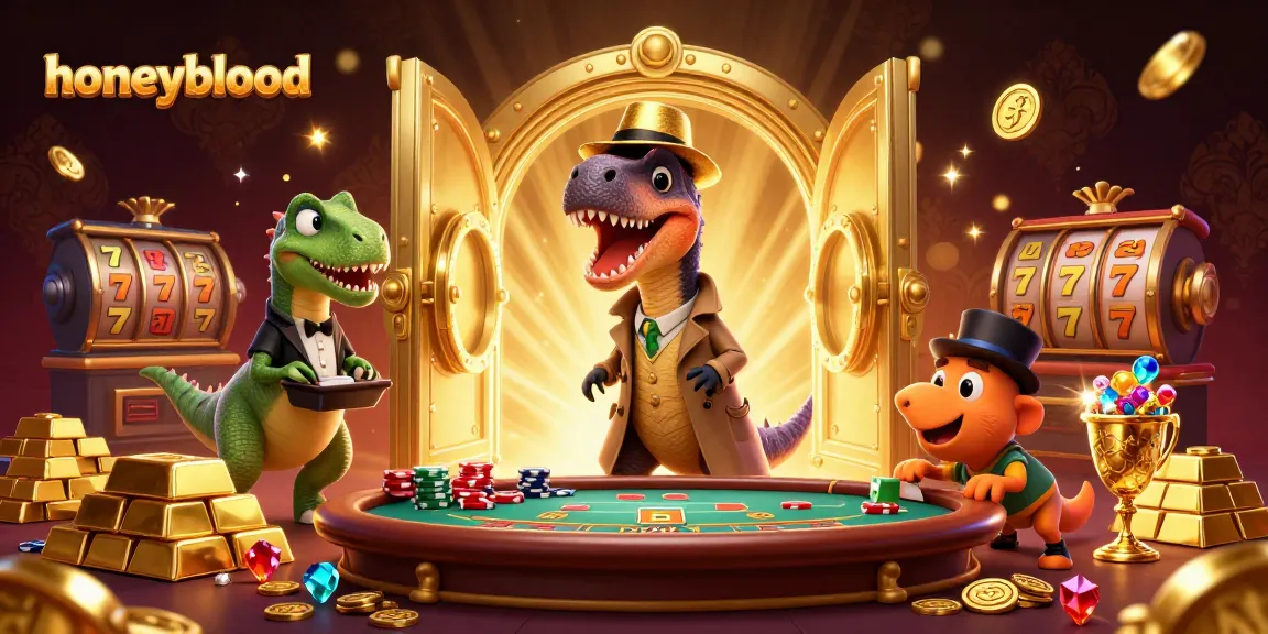 Engage with the exciting world of honeyblood casinos, featuring a velociraptor card counter at a blackjack table.