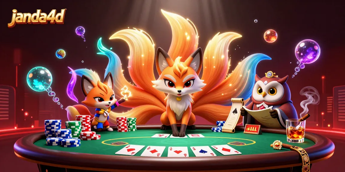 Visualisasi menakjubkan "janda4d" saat memilih kartu di meja poker, dikelilingi simbol slot yang berkilau.
