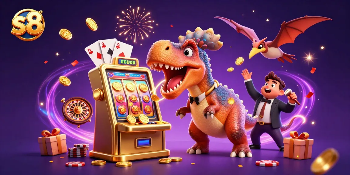 s8 enhances gaming excitement by showcasing a pachycephalosaurus hitting a jackpot slot machine, with coins and cards flying around.