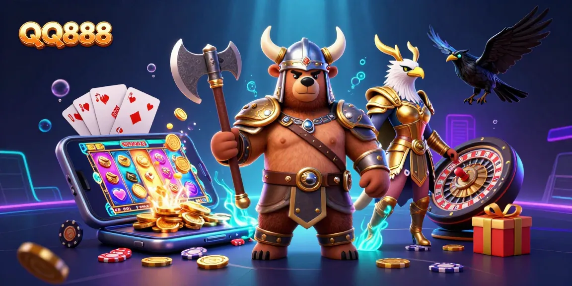 Win big with QQ888 as a Viking bear and Valkyrie eagle celebrate in a dynamic casino scene.