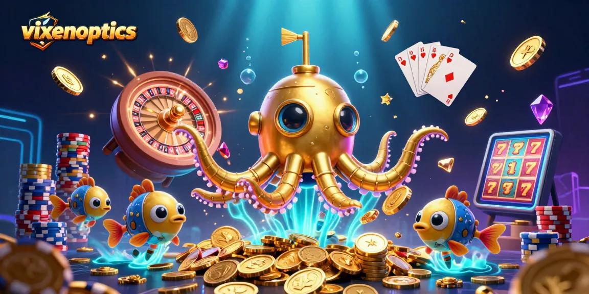 Experience thrilling casino action with VixenOptics in vibrant 3D illustration featuring a golden kraken and mechanical fish.