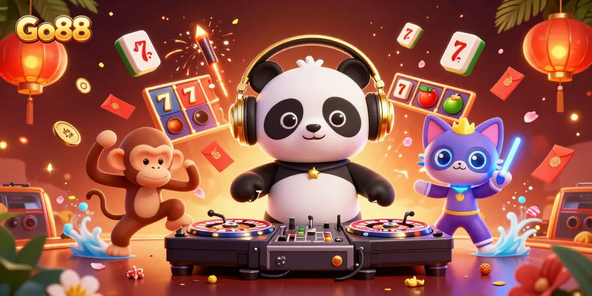 Engage in exciting gaming action at Go88 with colorful 3D illustrations featuring casino fun.