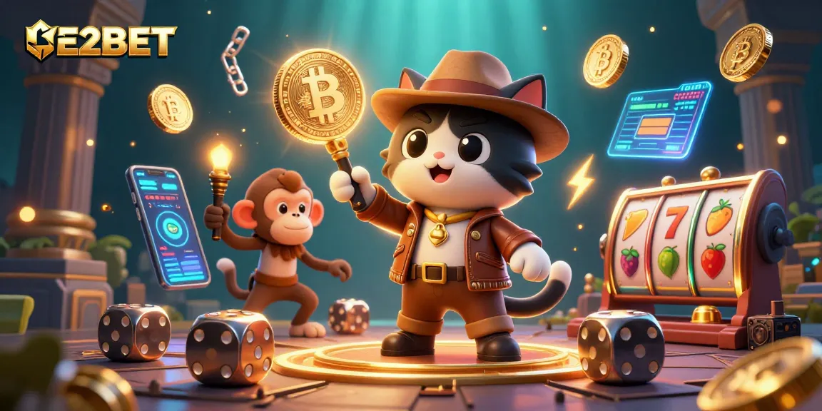 E2BET showcases a cat explorer discovering a golden casino artifact amidst vibrant slot symbols.