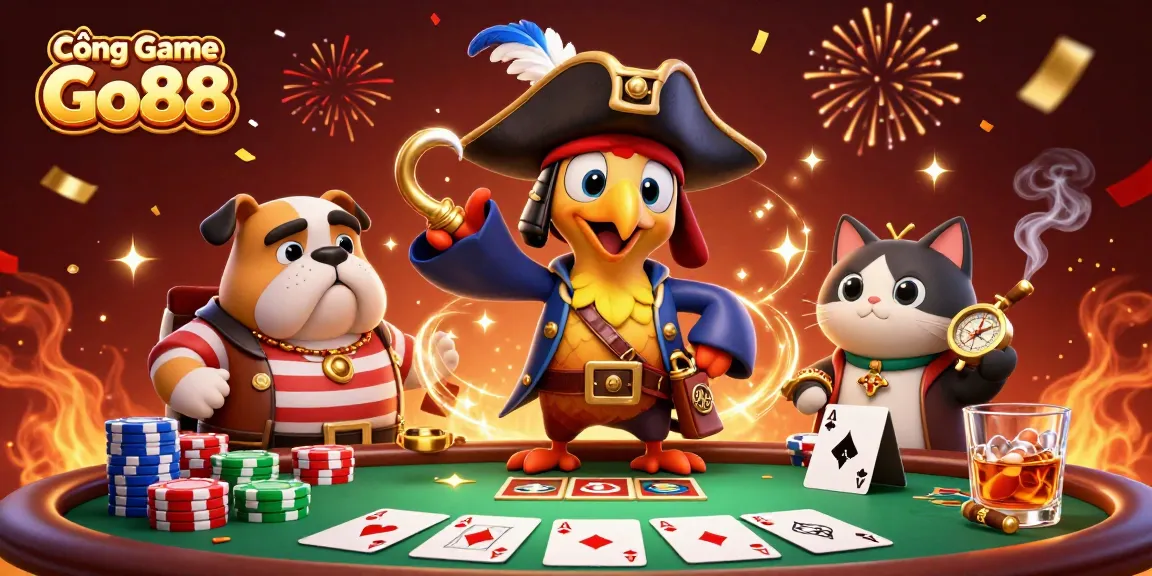 Cổng Game Go88 showcases a pirate captain parrot, bulldog, and cat strategizing around a dynamic poker setup.