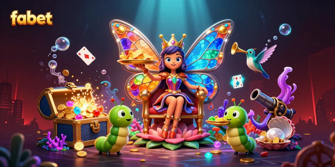 Experience the vibrant scene of fabet gaming with a butterfly queen, treasure chests, and dynamic casino elements.