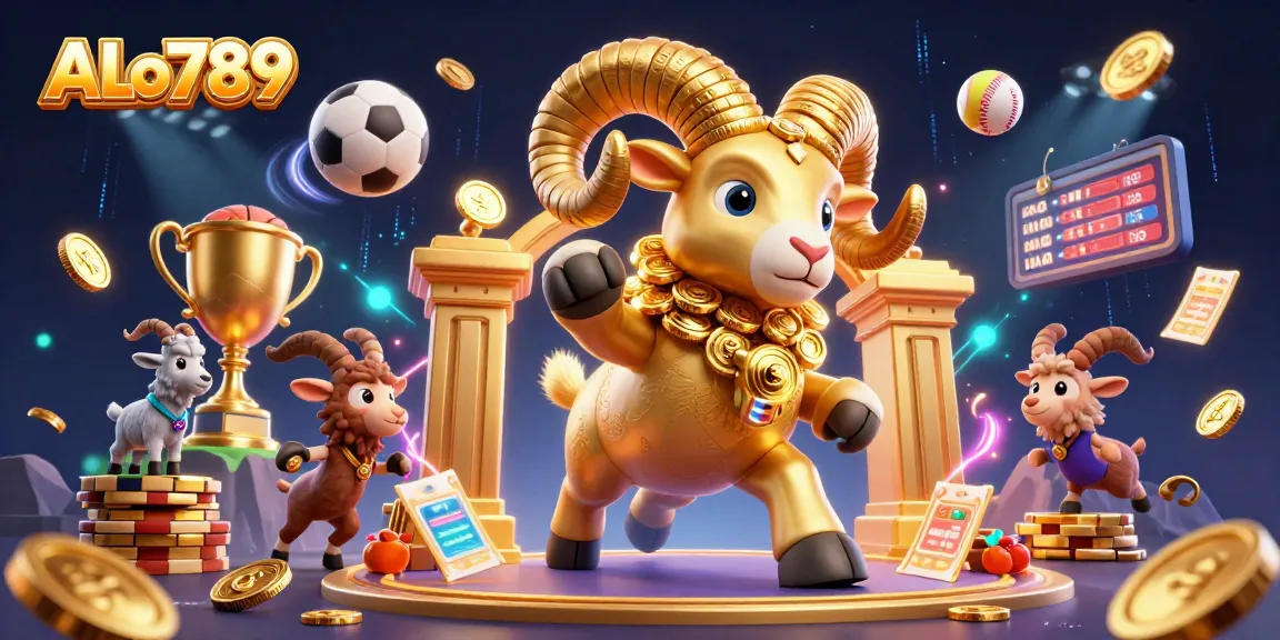 Experience the thrilling ALo789 betting scene with vibrant game elements and a dynamic golden ram.