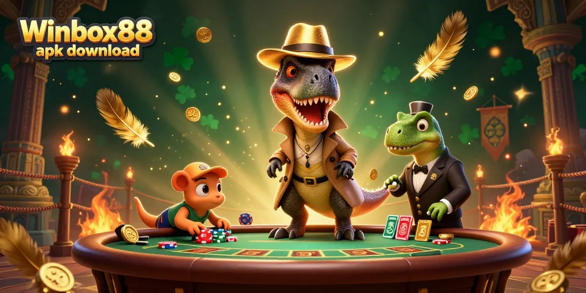 Capture the excitement of Winbox88 apk download with vibrant casino characters at a gaming table.