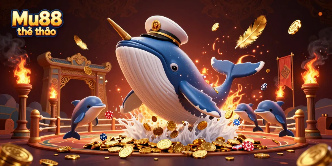 Mu88 thể thao showcases a vibrant underwater scene with a whale, narwhal, and dolphins amidst sparkling casino elements.