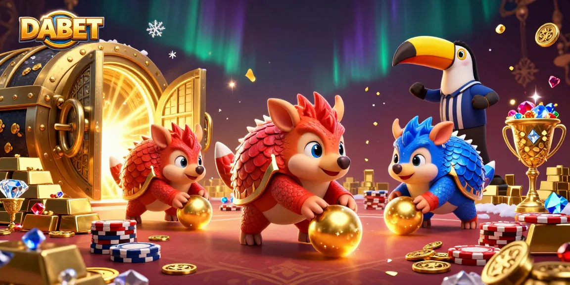 DABET pangolins rolling in golden balls at a vibrant casino scene with poker chips