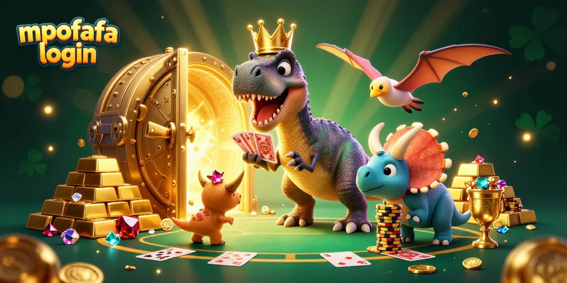 Using mpofafa login, a playful T-Rex, assisted by a pterodactyl, juggles cards in a vibrant casino scene.
