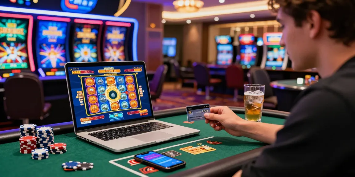 Exciting credit card casinos experience with a player at a stylish gaming desk, vibrant online slots, and branded credit cards.