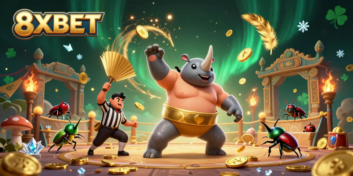 Experience thrilling gaming excitement with 8XBET, featuring a dynamic scene of a sumo beetle champion.