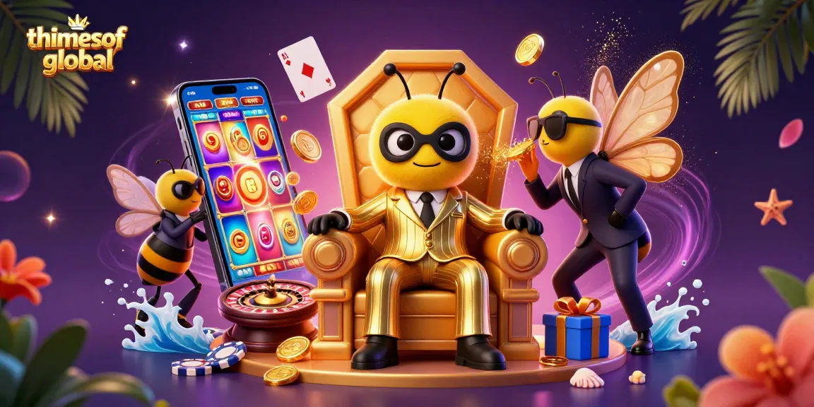 Thetimesofglobal casino scene with a bumblebee mob boss overseeing colorful slot games and golden coins.