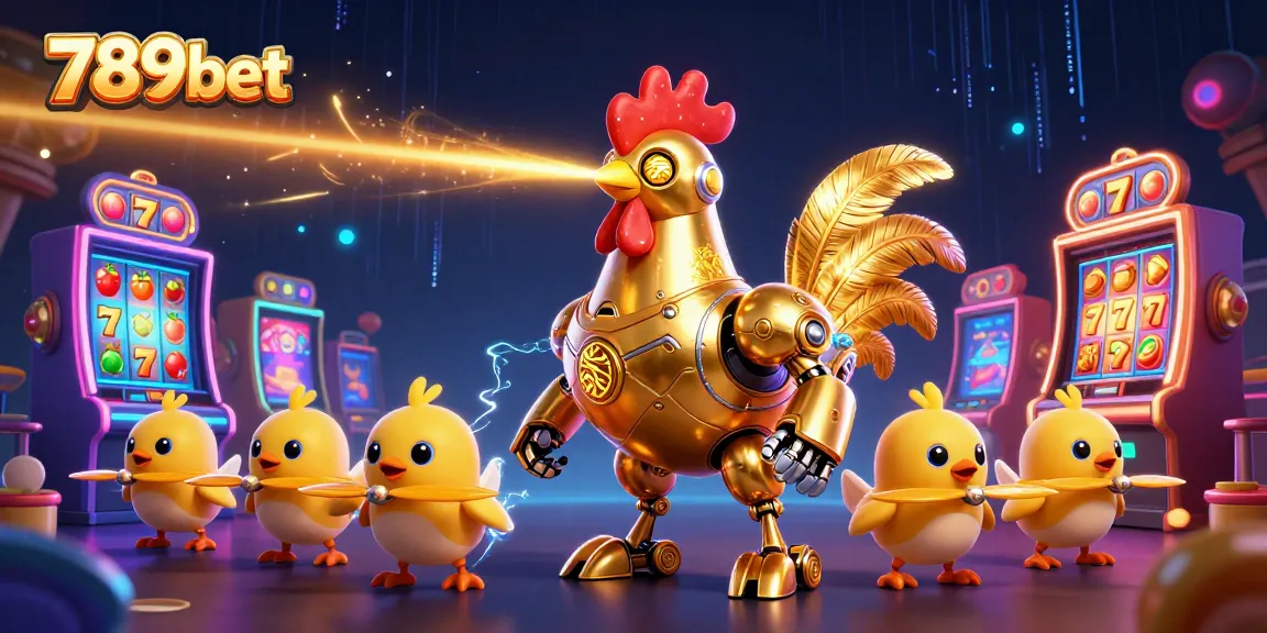 Engage with 789bet's exciting retro-futuristic gaming scene featuring a golden rooster and baby chick drones.