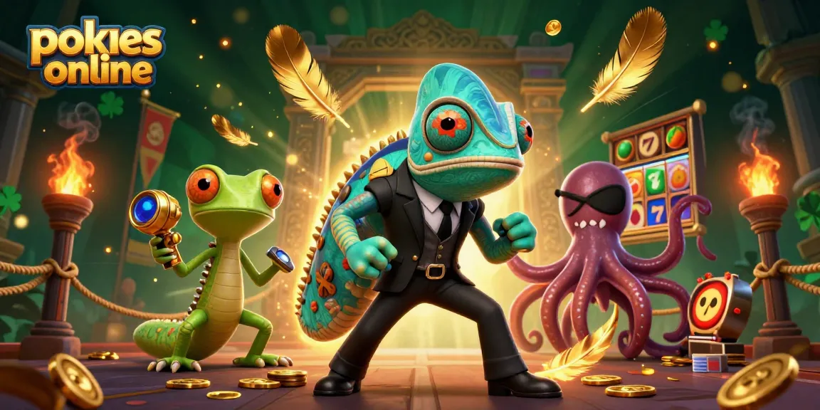 Experience exciting pokies online with an illustrated scene of colorful characters and casino elements.
