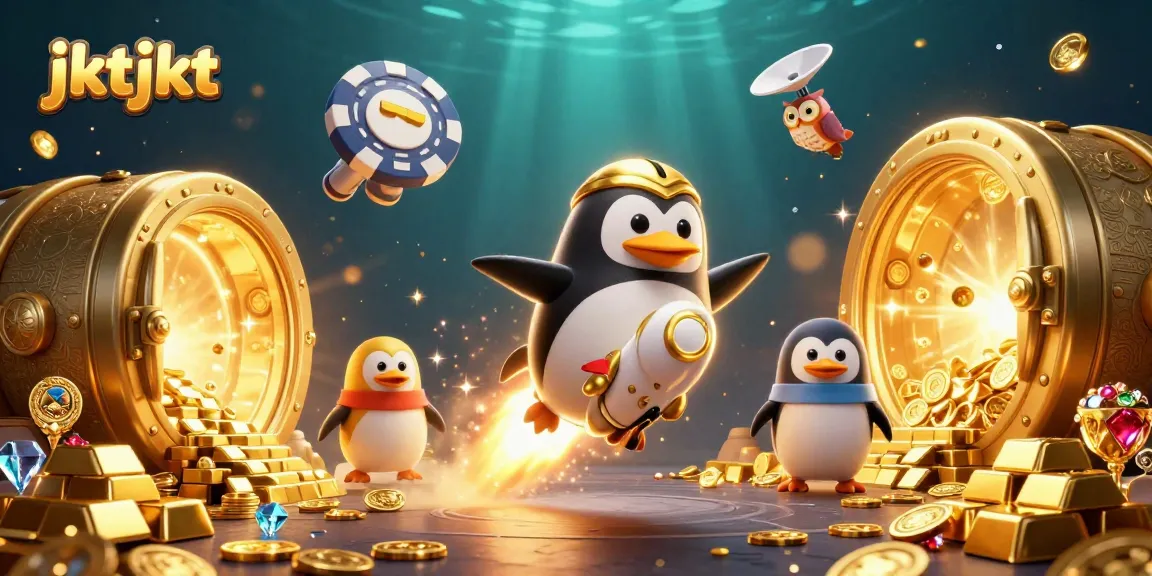 Jktjkt memicu kegembiraan mesin slot dengan penguin emas dan simbol keberuntungan yang berkilau.