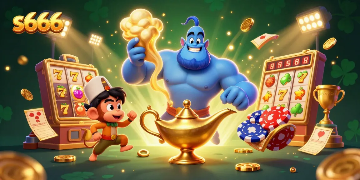 Experience exhilarating gaming with s666's enchanting fantasy scene featuring a genie, poker chips, and jackpot reels.