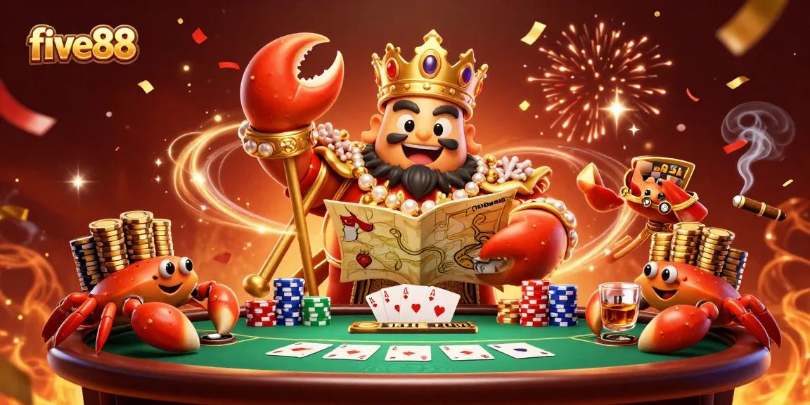 Join the excitement at five88 with a golden crab emperor ruling over a vibrant poker scene.