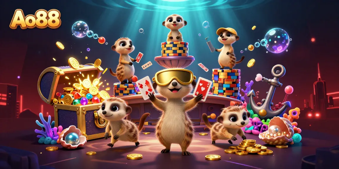 Experience Ao88's lively casino atmosphere with meerkats, chips, and captivating treasures.