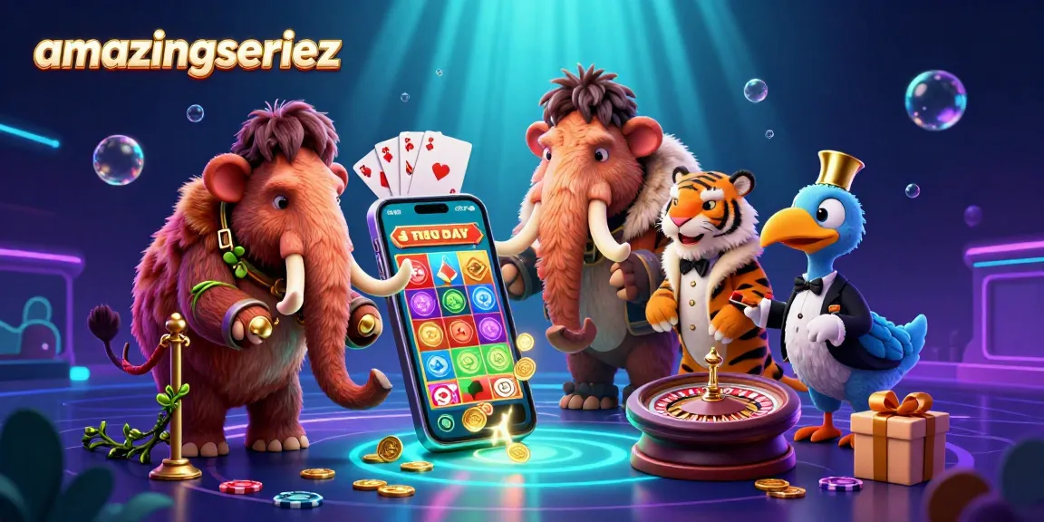 Experience amazingseriez's vibrant casino scene featuring a woolly mammoth bouncer and dynamic gaming elements.