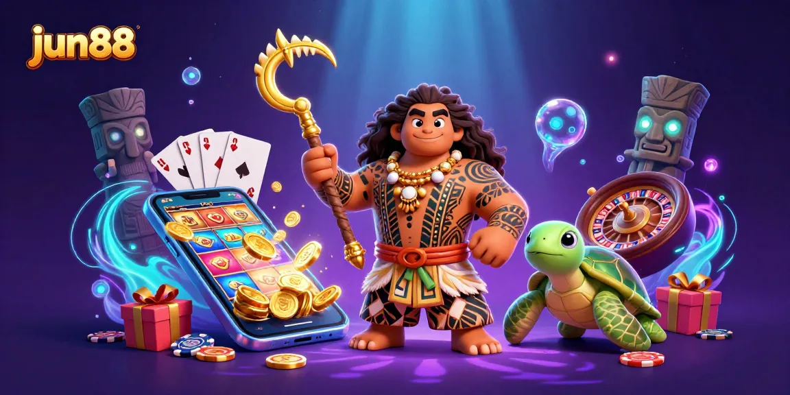 Experience exciting gaming action with jun88, featuring vibrant characters, slot games, and casino elements.