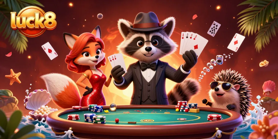 Experience the excitement of luck8 with a cartoon raccoon, fox, and hedgehog at a vibrant poker tableau.