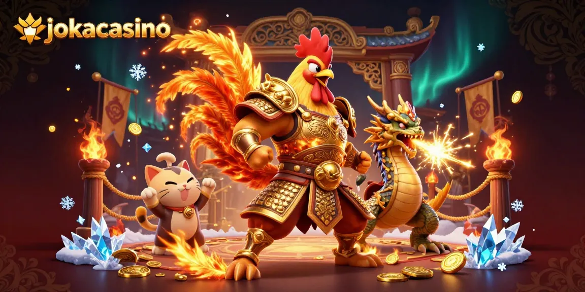 Engage with jokacasino through an exciting 3D illustration of a rooster warrior, dragon, and fortune cat.