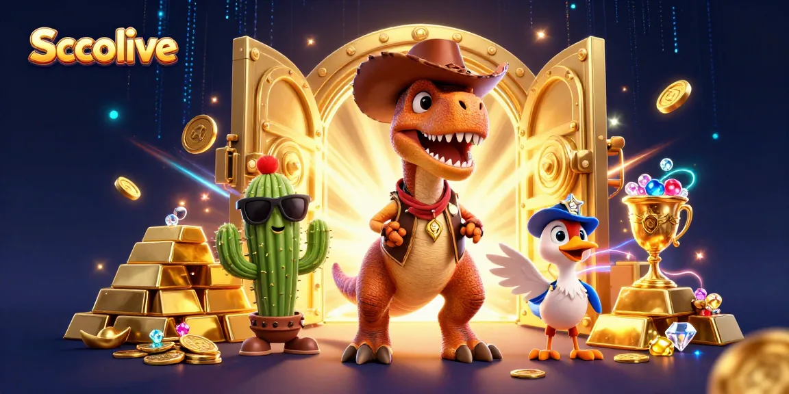 Socolive enhances sports betting excitement with a vibrant illustration of a T-Rex sheriff dinosaur, gold treasures, and dynamic energy.