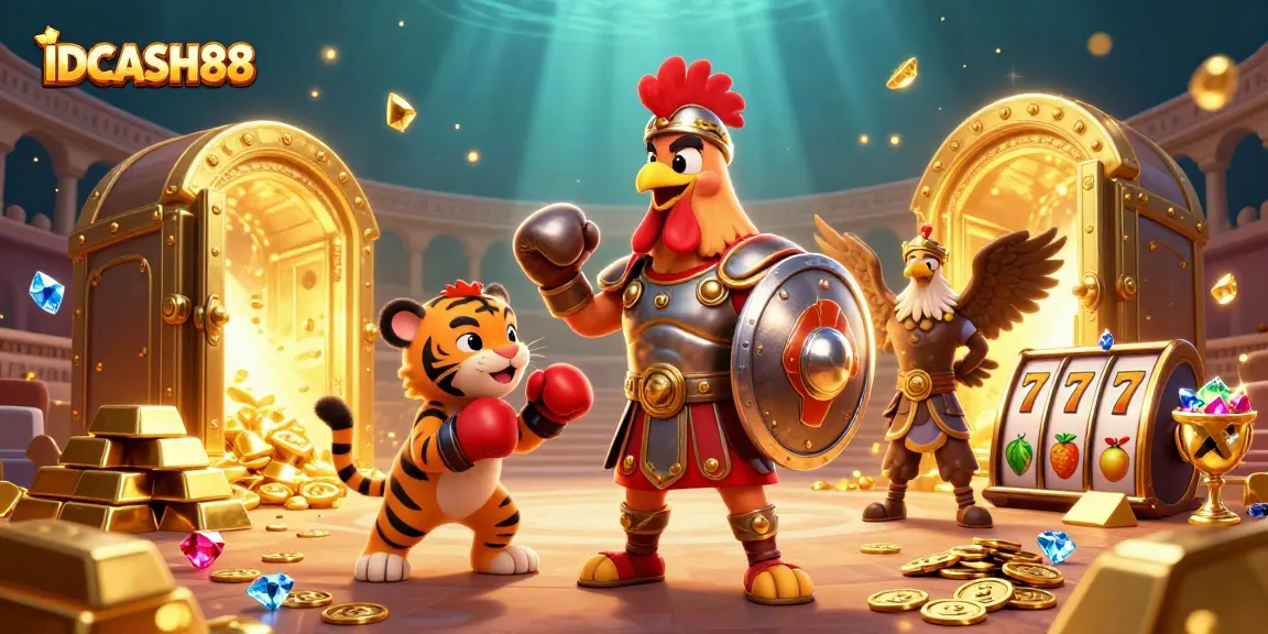 Play thrilling games at IDCASH88, featuring 3D cartoon gladiator rooster with casino elements.