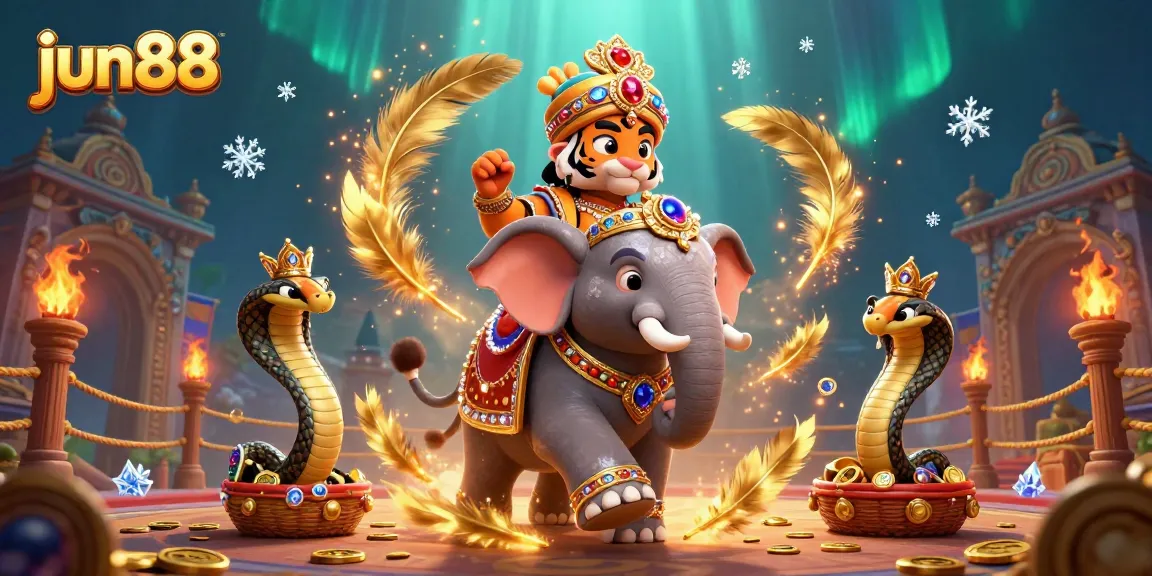 Experience the exciting gaming environment of jun88 with a majestic maharaja, riding a jewel-encrusted elephant alongside a cobra.