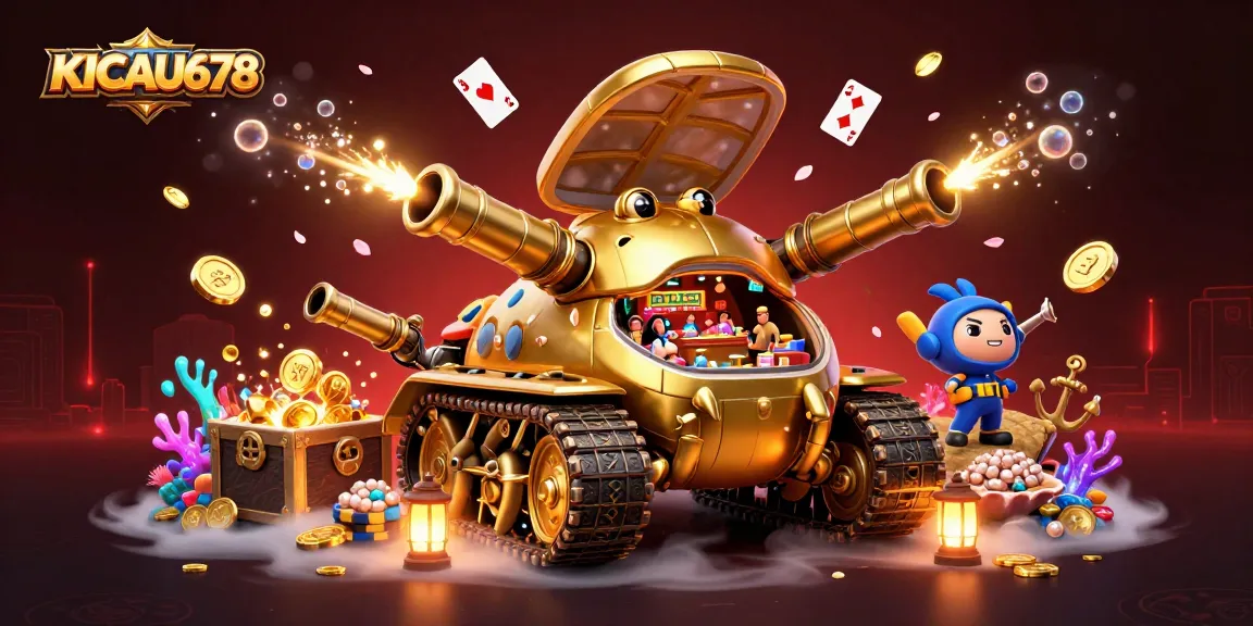 KICAU678 showcases a vibrant digital casino scene in a golden beetle tank filled with games and treasures.