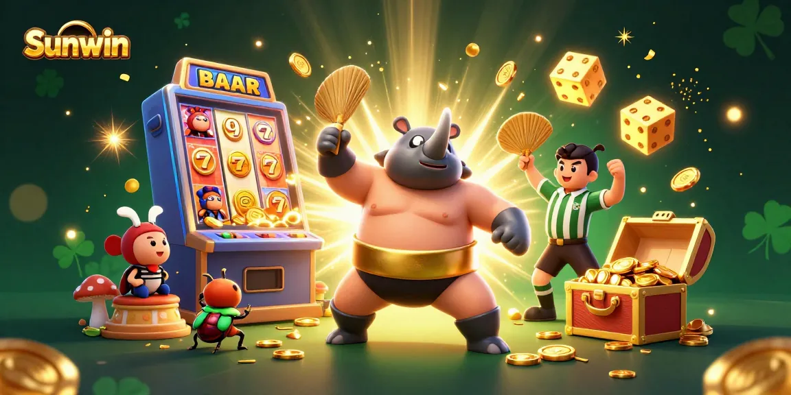 Sunwin slots jackpot illustration with a rhinoceros beetle champion and dynamic casino elements