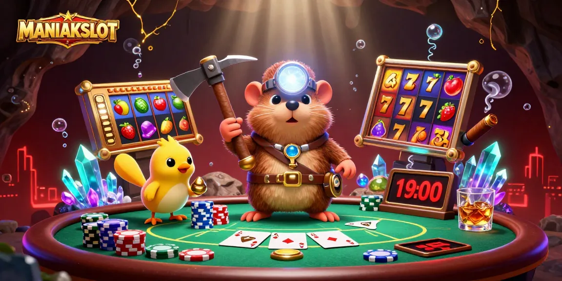 Spin winning slots with MANIAKSLOT as treasure hunter mole digs for gems in vibrant casino