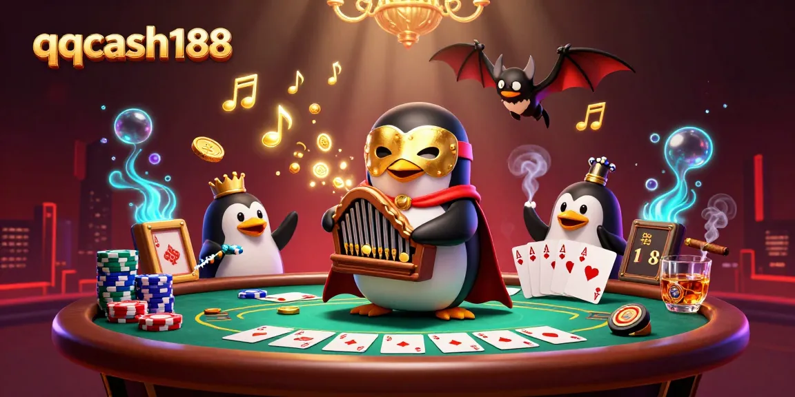 Experience the magic of qqcash188 with a whimsical casino scene featuring a golden opera penguin.