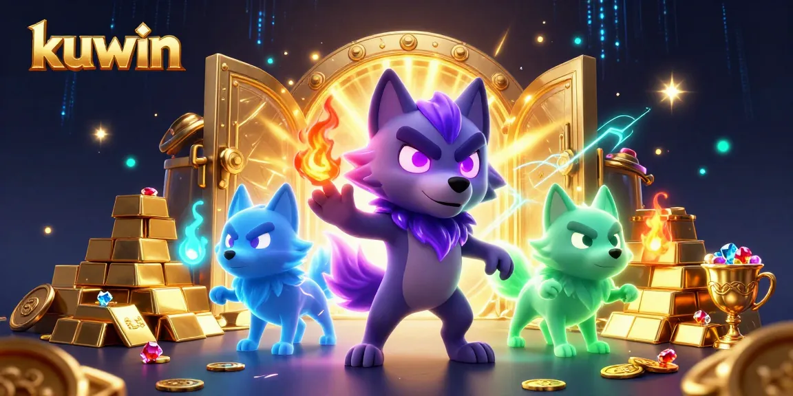 Kuwin celebrates a thrilling casino experience with glowing wolves in front of treasure-filled vaults.