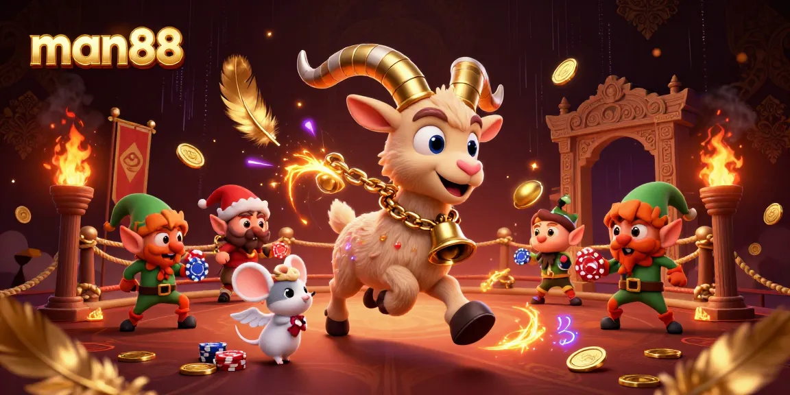 Engage with man88's festive horror casino scene featuring Krampus, angel mouse, and elf gremlins.