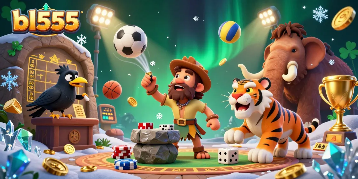 Experience a dynamic prehistoric casino scene with bl555, featuring a caveman, sabertooth tiger, and clever crow.