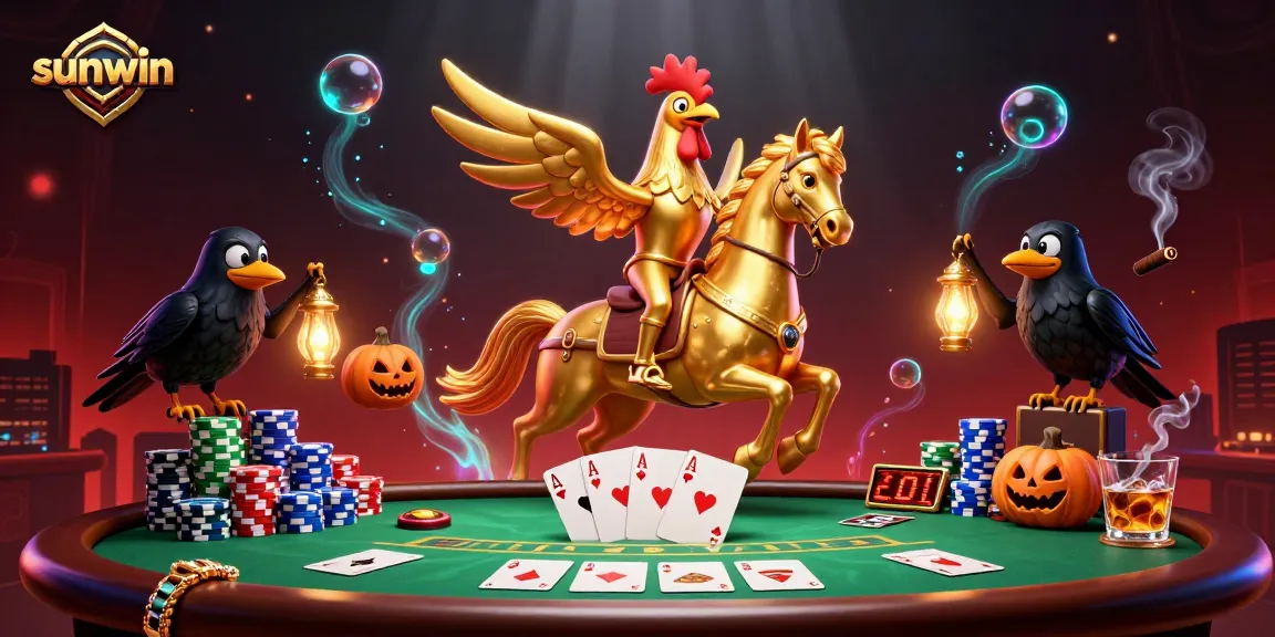 Experience thrilling gameplay at Sunwin with a golden rooster and friendly crows amid vibrant casino action.