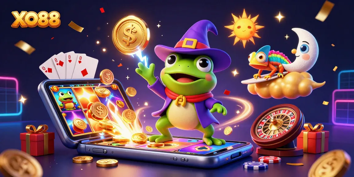 Spin and win at XO88 with golden coins and vibrant gaming elements bursting from a magical cloud.