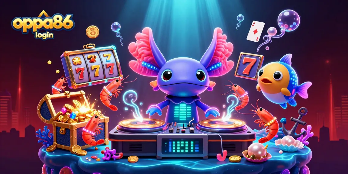 Experience vibrant 3D casino fun with oppa86 login, featuring an axolotl DJ and colorful game elements.