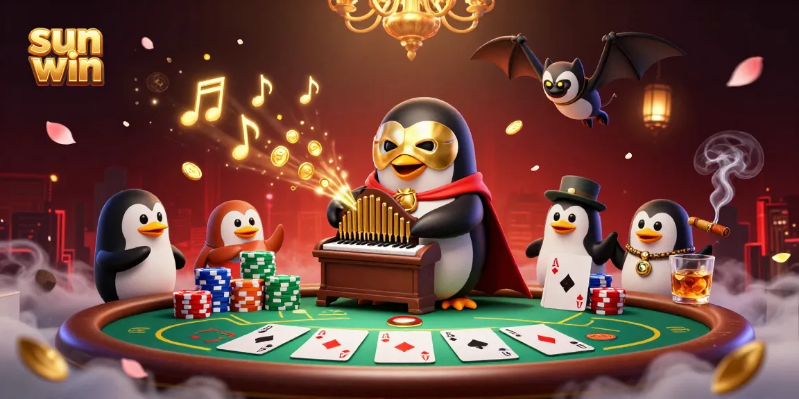 Experience the excitement of sun win at this vibrant 3D casino scene featuring a penguin playing for coins.