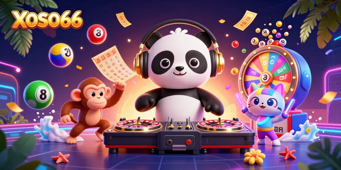 XOSO66 features a dynamic scene with a DJ panda, dancing monkey, and glow-stick kitten celebrating in a vibrant casino atmosphere.