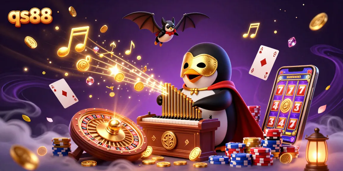 Experience qs88 with the phantom penguin playing a pipe organ, showering golden coins in a vibrant casino scene.