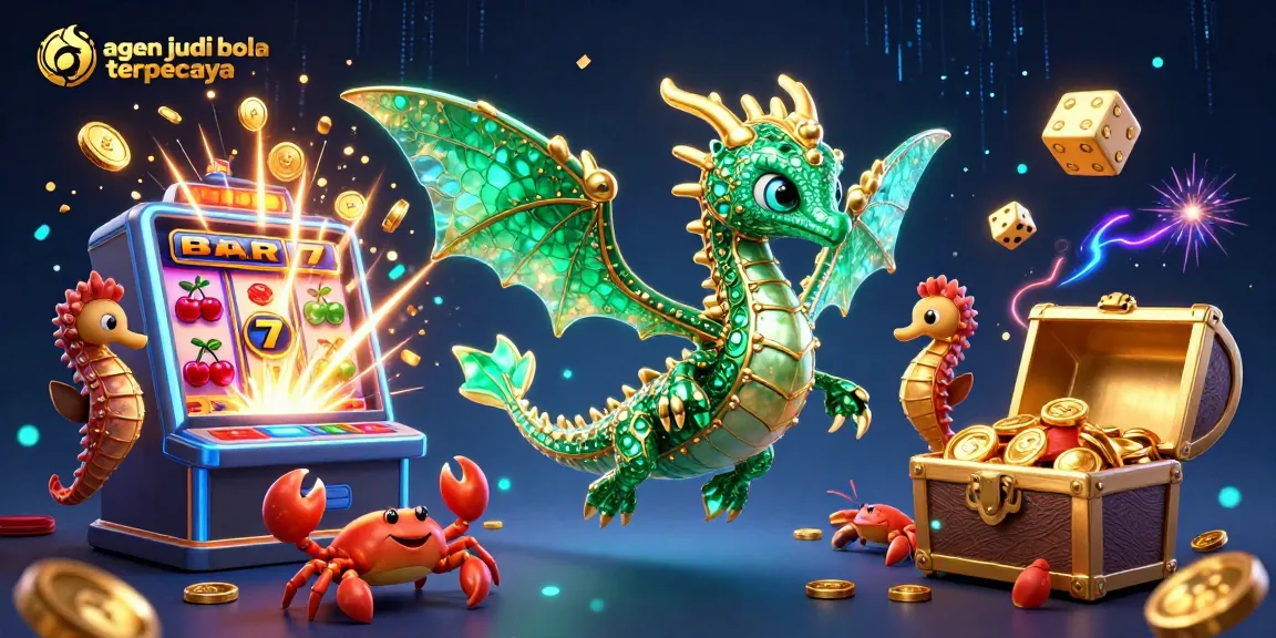 Engage in thrilling action with agen judi bola terpercaya showcasing vibrant casino elements like dragons, slot machines, and gold coins.