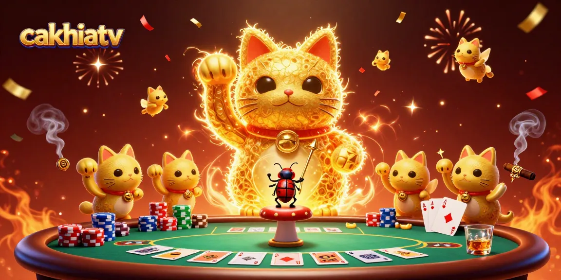 Engage with CakhiaTV's exciting casino experience, featuring a lively lucky cat and gaming elements.