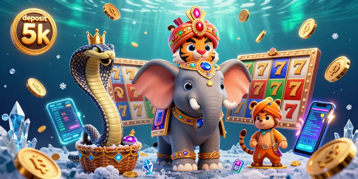 Experience thrilling wins at deposit 5k slots with a vibrant illustration of a maharaja and elephant in a casino setting.