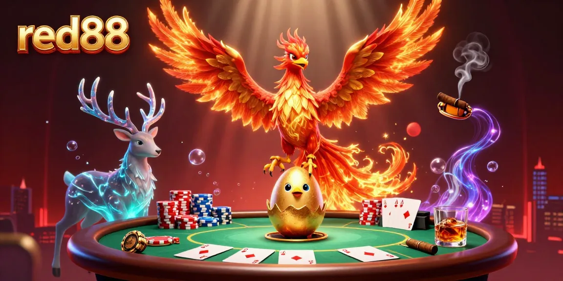 Experience the vibrant casino energy of red88 with a dynamic scene featuring a blazing phoenix, poker elements, and rich atmospheric effects.